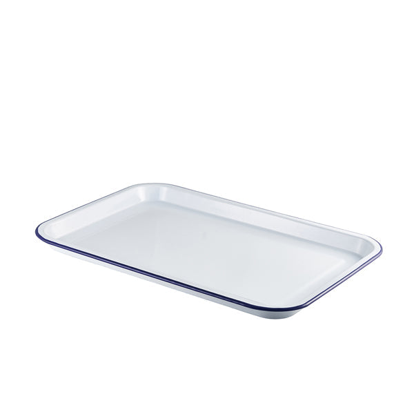 Enamel Serving Tray White with Blue Rim 33.5x23.5x2.2cm pack of 1