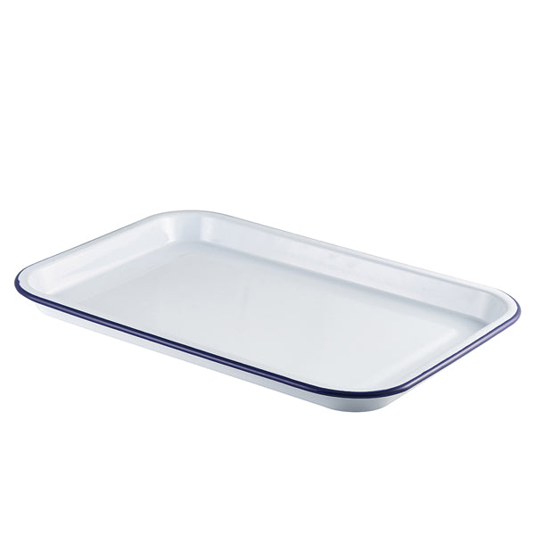 Enamel Serving Tray White with Blue Rim 38.2x26.4x2.2cm pack of 1