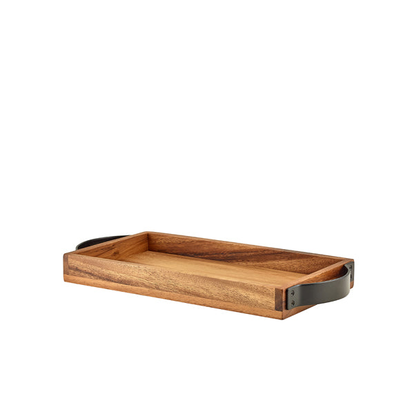 GenWare Acacia Wood Tray With Black Handles 32.5 x 17.5cm pack of 1